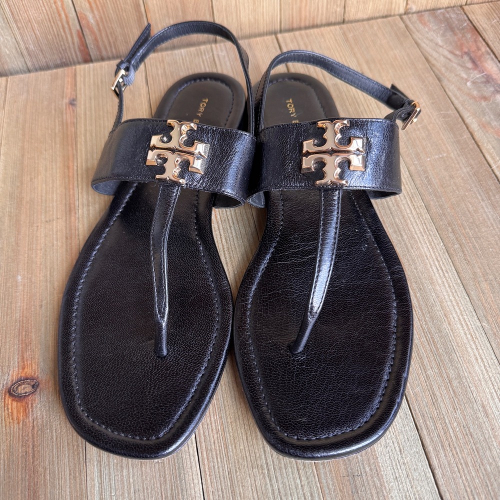 Tory Burch Black Leather Logo Slingback Thong Sandals Gold Hardware 7M Brazil